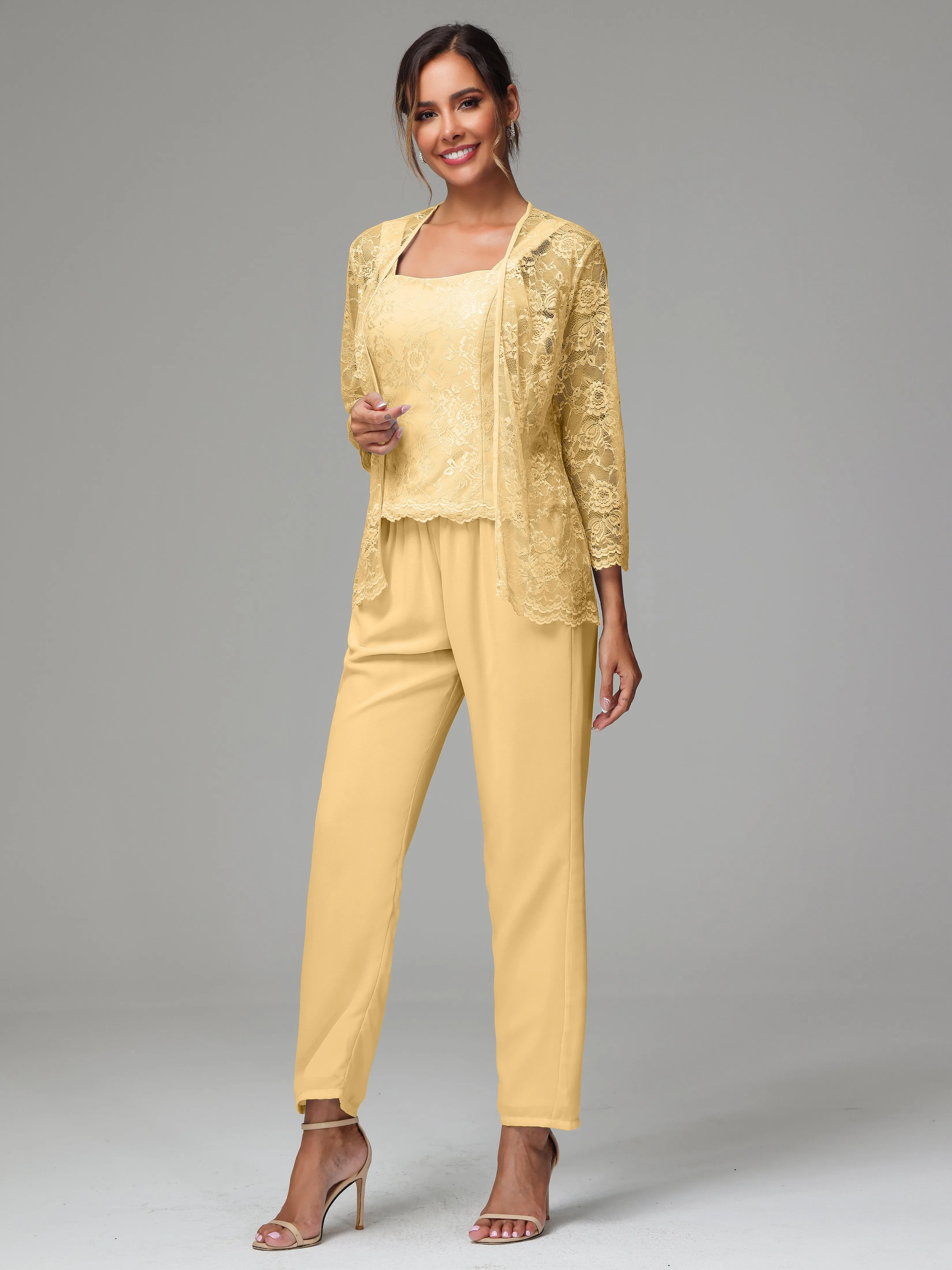 3 Pieces Long Sleeves Chiffon Lace Mother Of The Bride Dress Pants Suits