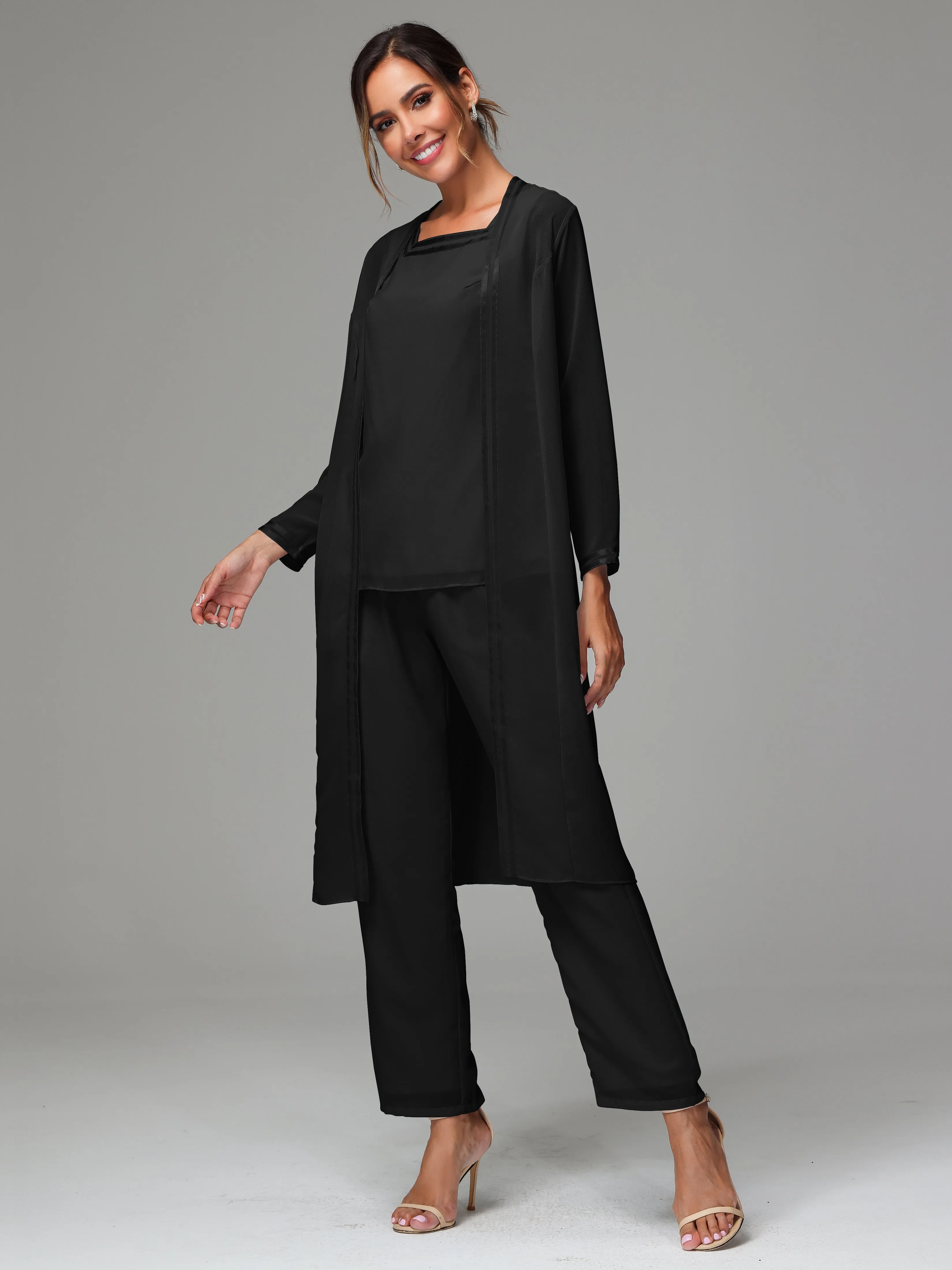 3 Pieces Long Sleeves Chiffon Mother Of The Bride Dress Pants Suits