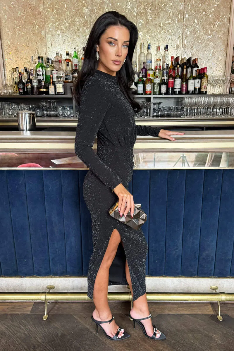 Black Sparkly Long Sleeve Ruched Bodycon Midi Dress