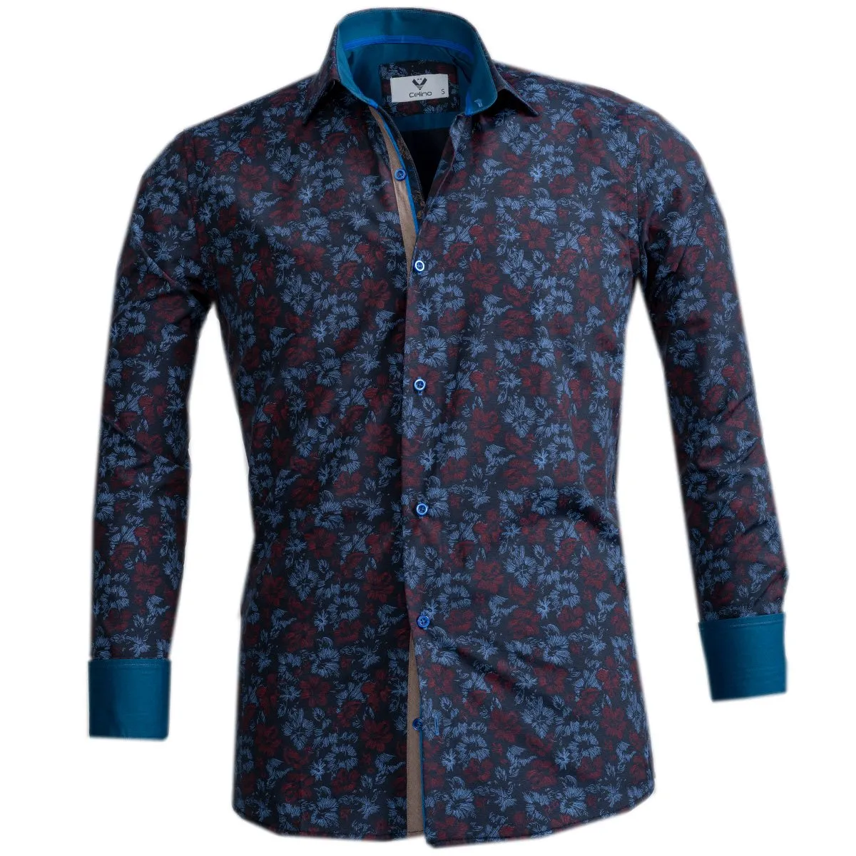 Blue Red Floral Mens Slim Fit Designer Dress Shirt - tailored Cotton Shirts for Work and Casual Wear