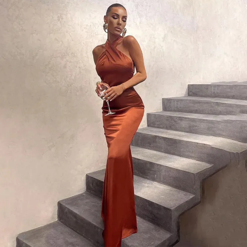 Elegant Bodycon Sleeveless Cross Halter Satin Backless Evening Party Dress