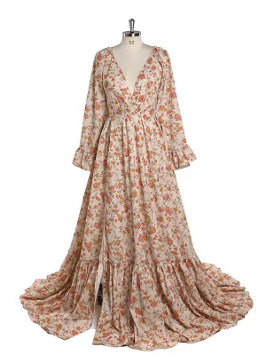 Elegant Cotton Floral Print Woman Maxi Dress Boho Beach Gown Adjustable Back Photography Props YW220810
