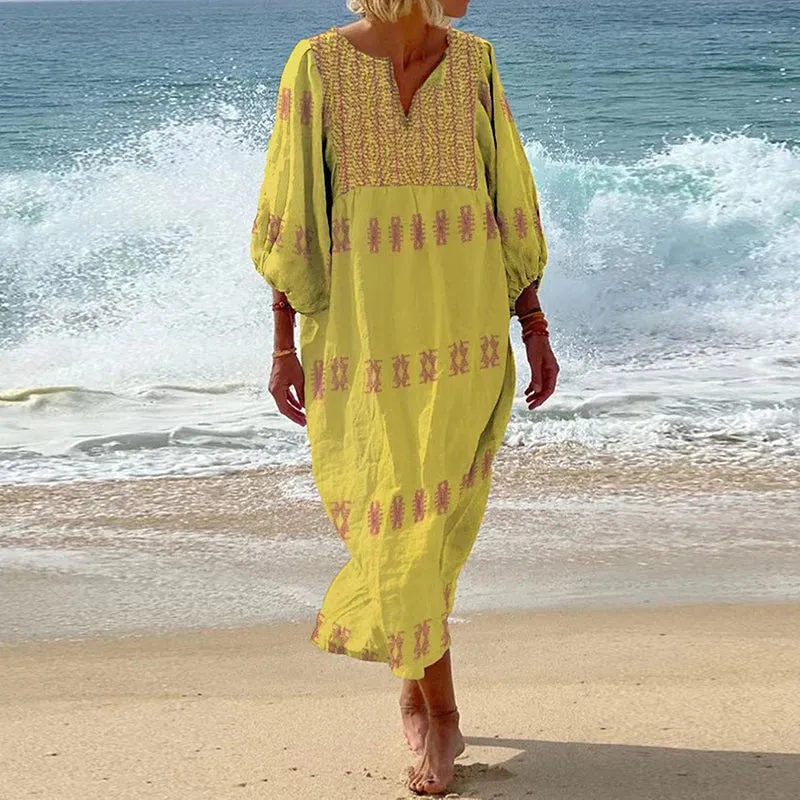 Ethnic Retro  Print Long Dress  Loose Beach Boho Dress
