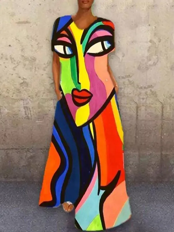 Face Print Colorful Bohemia Maxi Dress