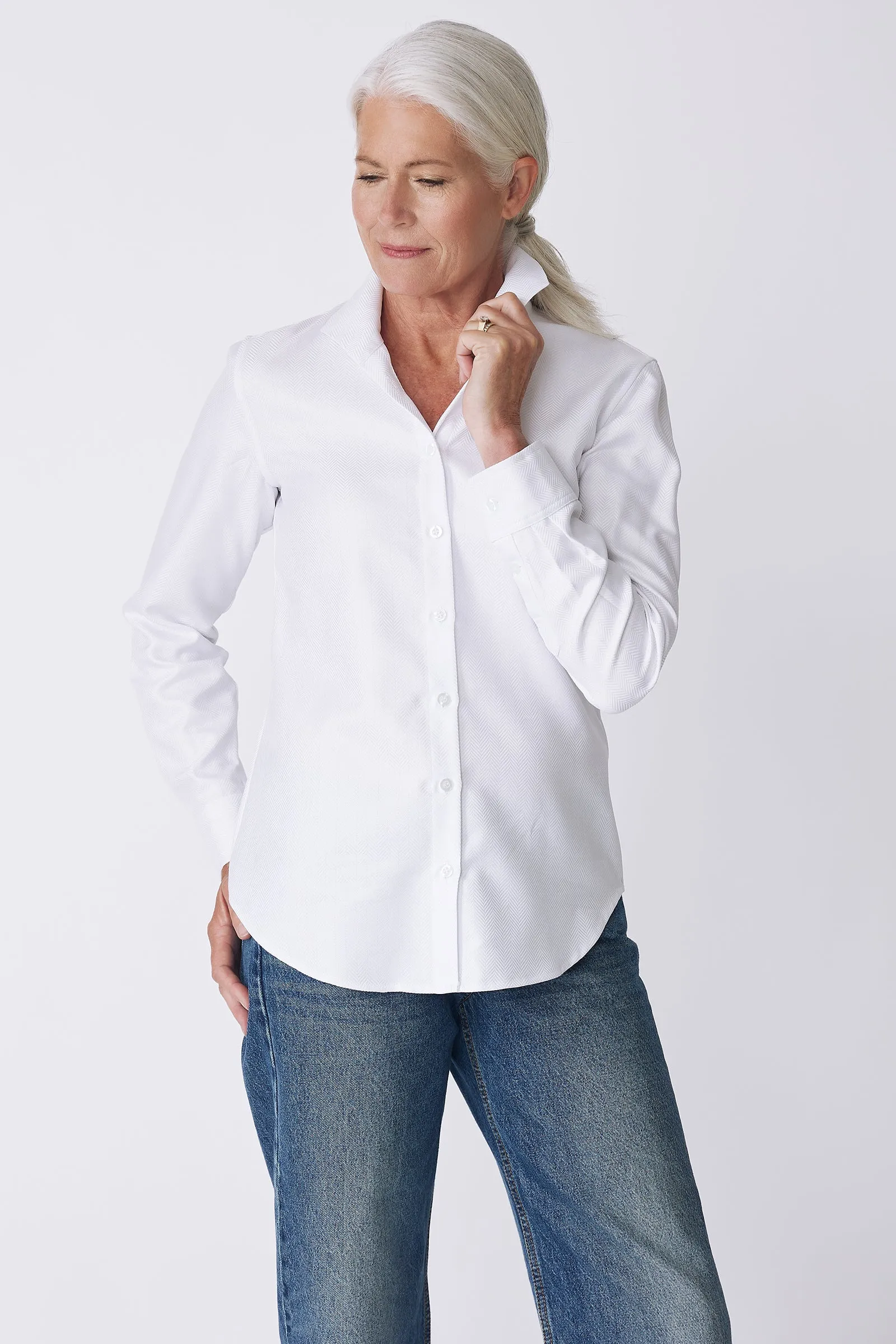 Ginna Box Pleat Shirt - White Herringbone