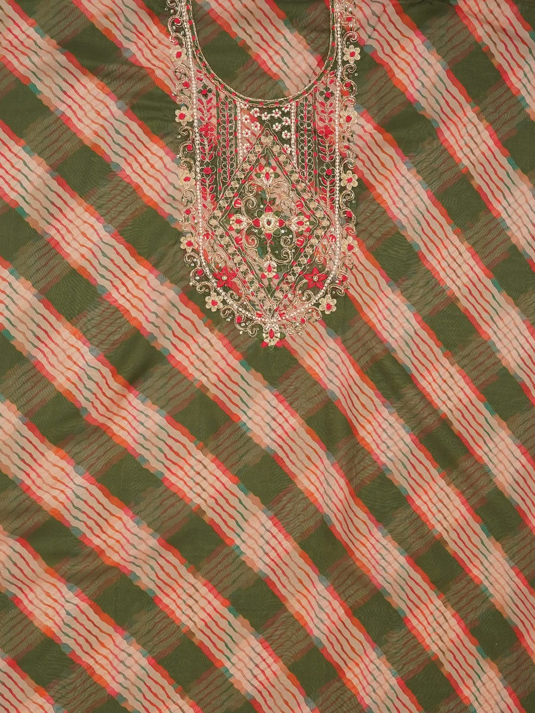 Mehandi Green Leheriya Embroidered Dress Material with Dupatta