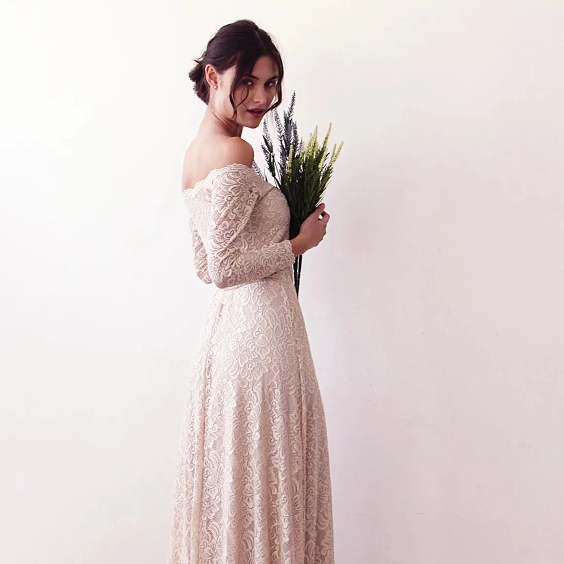 Nude Off-The-Shoulder Floral Lace Dress #1119