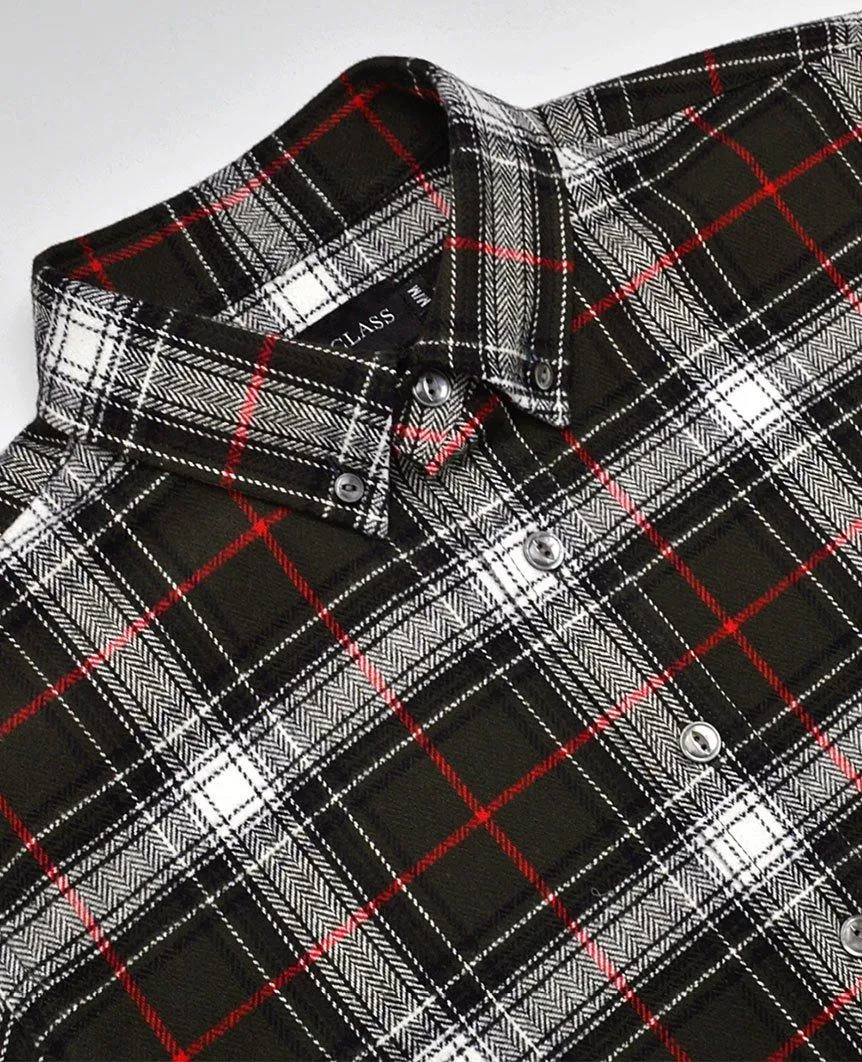 Olive Herringbone Plaid Flannel Shirt