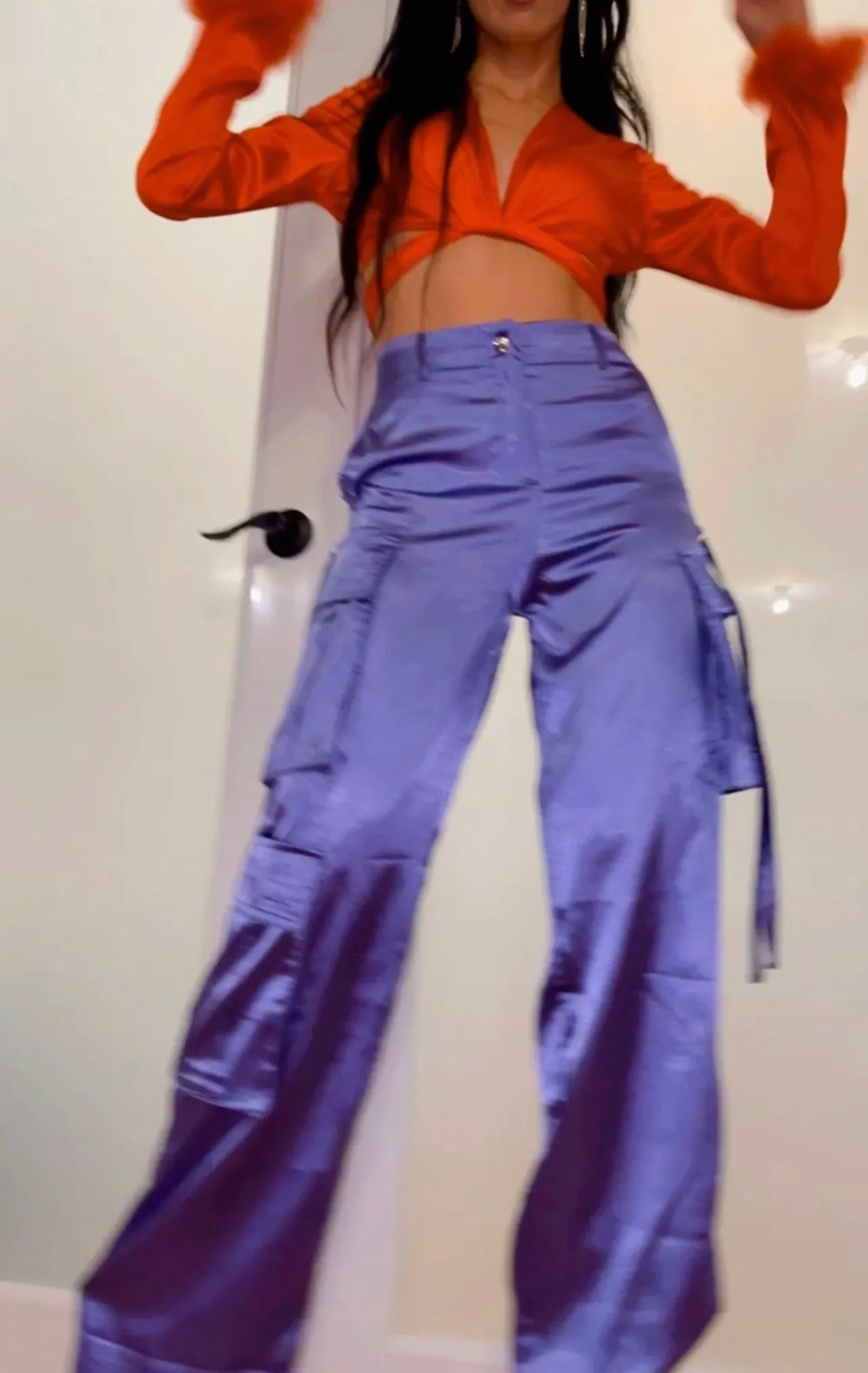 Purple Wide Leg Satin Cargo Pants