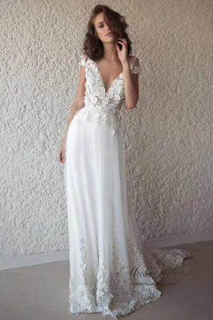 Roycebridal Ivory See-through Cap Sleeves Boho Wedding Dresses, Beach Wedding Dress, MW518