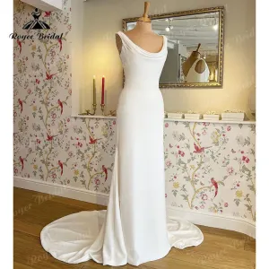 Roycebridal Mermaid/Trumpet Boho Sleeveless Wedding Dress Scoop Neck Beach Sweep Beach Off White Soft Satin vestido de boda corte sirena