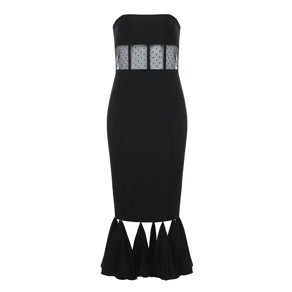Sexy Black Lace Ruffles Midi Club Dress
