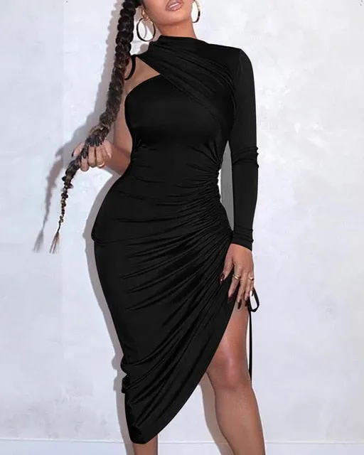 Sexy One Shoulder Drawstring Ruched Bodycon Dress