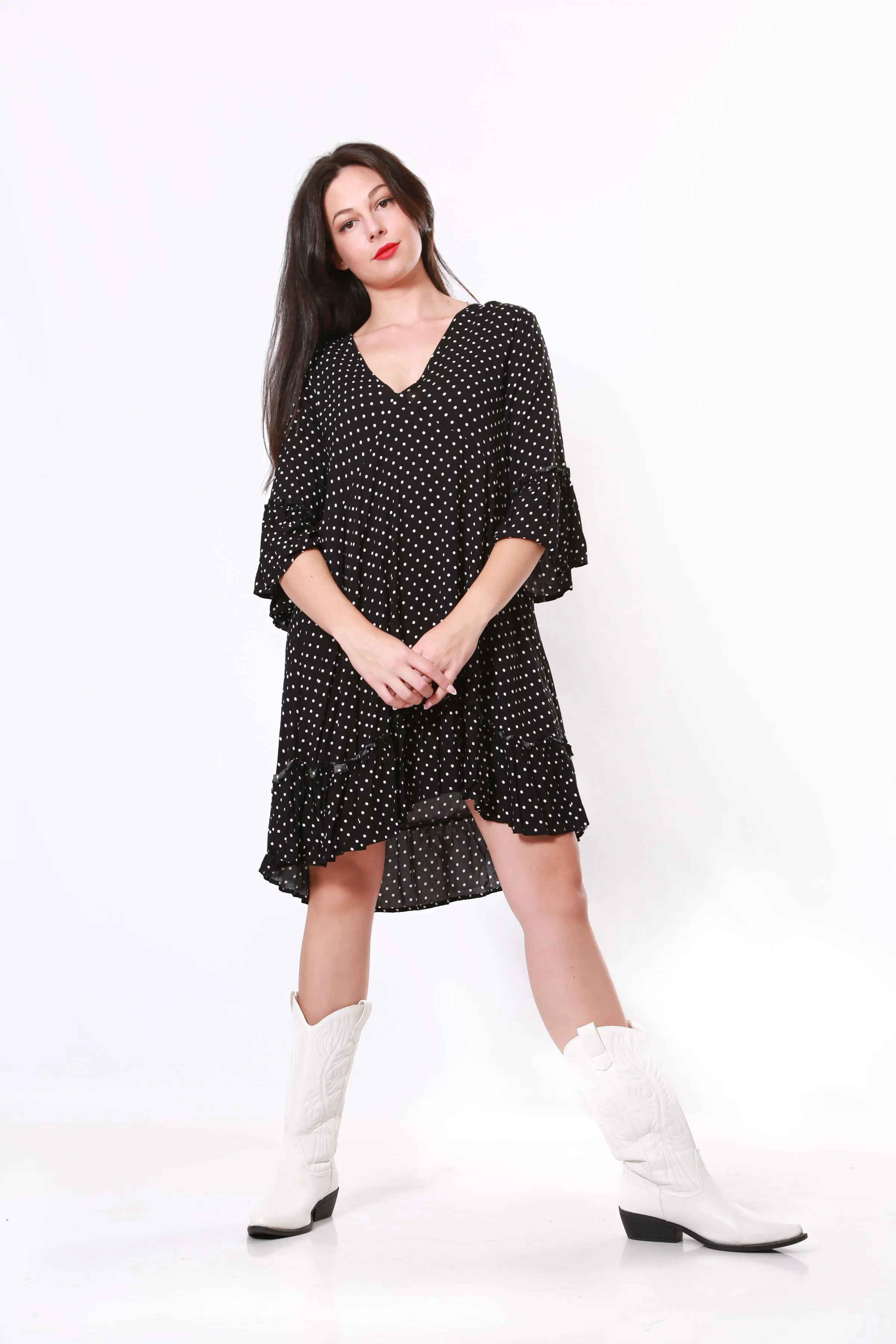 V-Neck short boho dress- Polka dot print