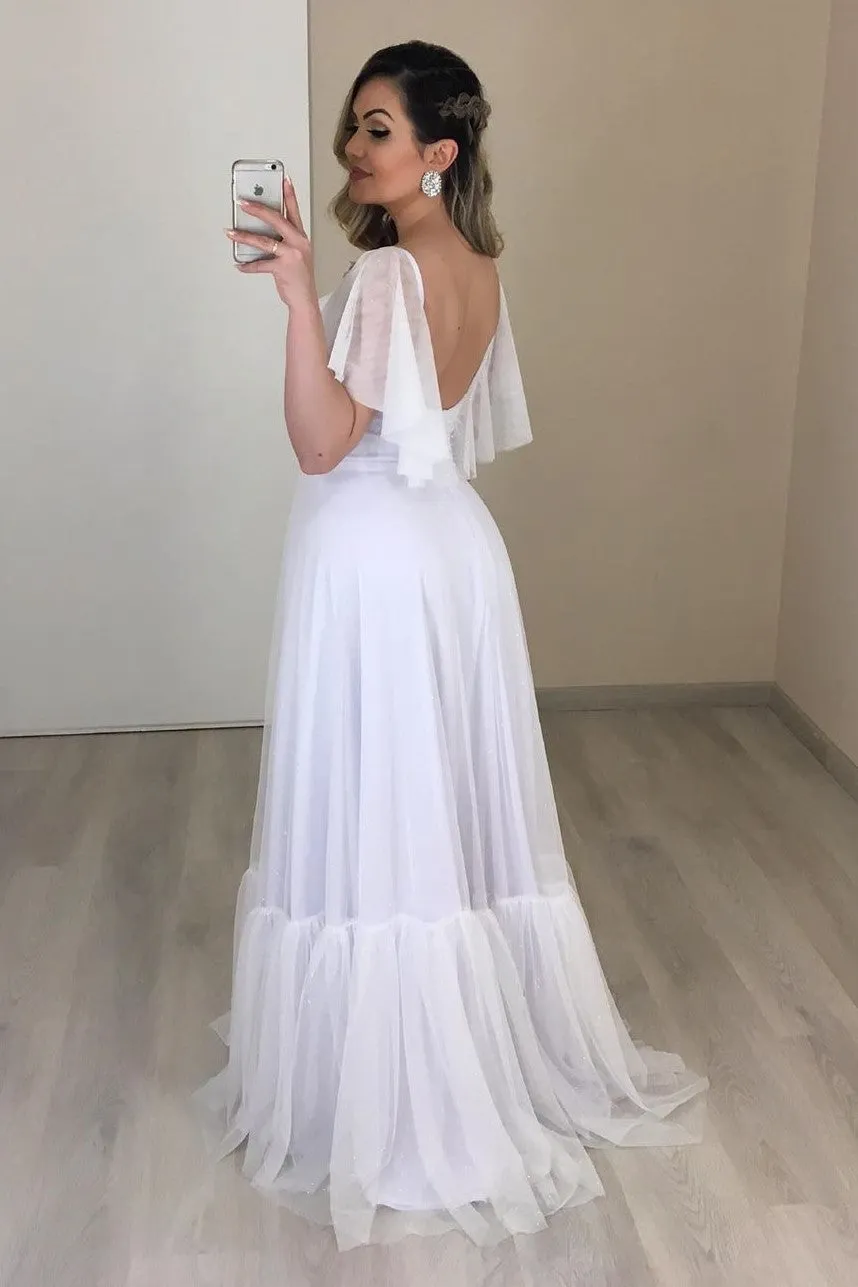 White Boho Wedding Dress with Flounced Sleeves Tulle Skirt