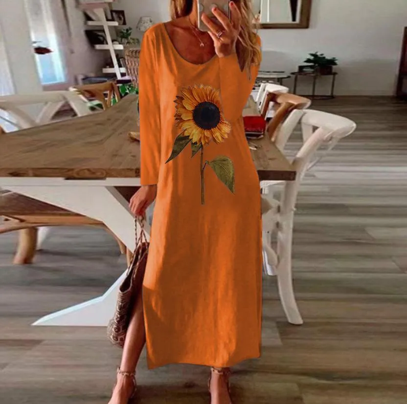 Women Sunflower Long Sleeves Dresses