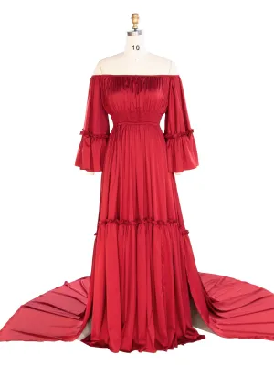 Womens Photography Dress with Edge Sleeve Side Slits Elastic Waist Client Closet Photo Shoot Gown YW240042